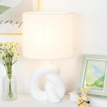 Imagem de Lampwell Abajur de mesa de cerâmica off-white luxuoso para sala de estar como luminária de mesa de cabeceira para quarto, luz de mesa noturna infantil moderna, 21 x 16,3 x A 40 cm, lâmpada excluída