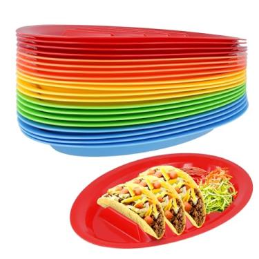 Imagem de JAPCHET Pacote com 20 pratos de taco de plástico com divisórias, placas coloridas para suporte de taco incluem 2 áreas de imersão para 3 tacos, concha de taca macia e dura, 32 x 21 cm