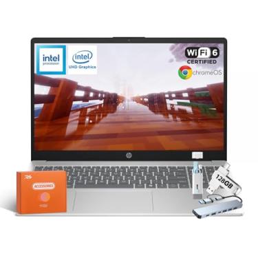 Imagem de HP Computador portátil Chromebook 2025, processador Intel Quad-Core N200, ecrã antirreflexo HD de 15,6 polegadas, 8 GB de RAM, 64 GB de armazenamento (64 GB eMMC 256 GB MSD), gráficos UHD, Wi-Fi 6