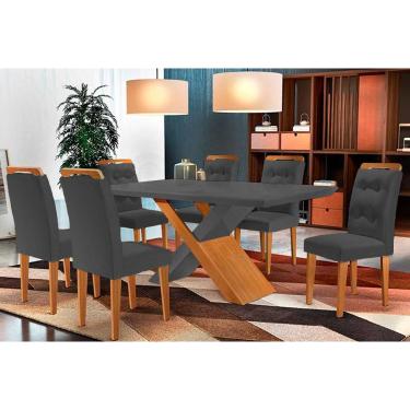 Imagem de Sala de Jantar Completa Imperatriz Tampo Madeirado c/ Vidro Curvo 180x90 e 6 Cadeiras Imperatriz Capuccino/Suede Grafite - Rufato