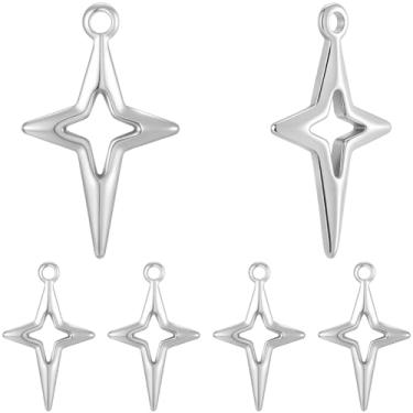 Imagem de Beebeecraft 1 caixa, 12 peças, pingente de estrela de prata de aço inoxidável 304, estrela do norte, oca, pingente de estrelas de quatro pontas para fazer joias, brincos, pulseiras, colar, suprimentos