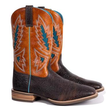Imagem de Palitutu Botas de cowboy masculinas couro bovino completo retrô ocidental com bico quadrado pintado à mão clássico bordado resistente, Preto, 38