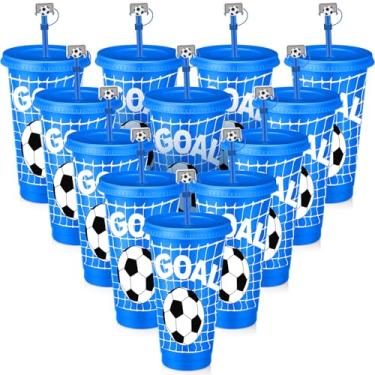 Imagem de Domensi 12 peças de copo de plástico com tampa e canudo 680 g copos de plástico reutilizáveis com tampas de palha presentes para fã amigo convidado aniversário escritório esporte festa suprimentos
