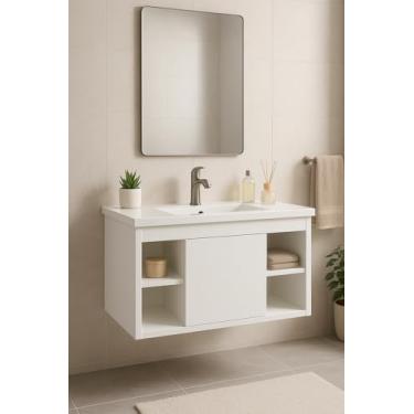 Imagem de Conjunto Gabinete Cuba E Espelheira Para Banheiro Completo Com Nichos Porta Espelho (Branco)