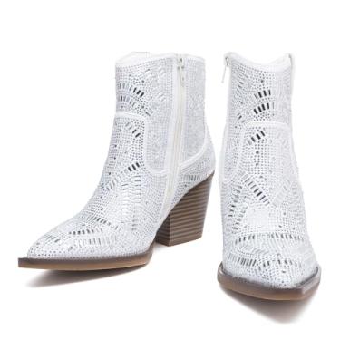 Imagem de Botas femininas de strass com diamantes negros, botas de caubói prateadas, rosa brilhante, sapatos curtos vermelhos brilhantes elegantes largos cano médio tornozelo e botinha, Prata, 37