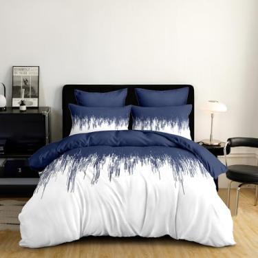 Imagem de CCoutueChen Conjunto de edredom minimalista, tamanho Queen, linhas geométricas azuis e brancas com 2 fronhas, 3 peças, conjunto de cama acolchoada de microfibra macia para todas as estações