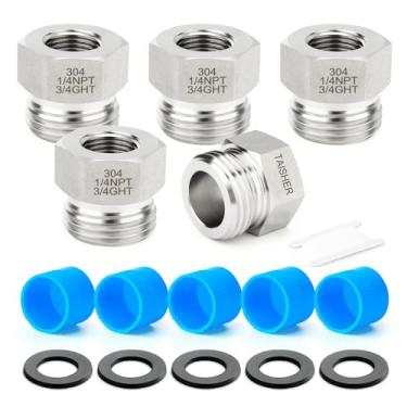 Imagem de TAISHER Adaptador de mangueira de jardim de aço inoxidável 304 de 5 peças, bucha sextavada 3/10.2 cm GHT macho x 1/10.2 cm NPT fêmea conector de mangueira de jardim