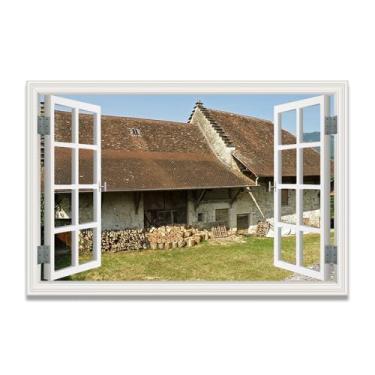 Imagem de LKXGRRSFG Lenha empilhada, impressão em tela de janela falsa imersiva, arte de parede cênica virtual para decoração de sala de estar 69,8 x 105 cm sem moldura