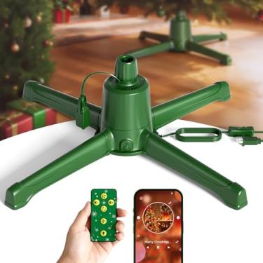 Imagem de COOLWUFAN Suporte de árvore de Natal giratório musical com controle remoto, tomadas elétricas embutidas, árvore de Natal para árvores artificiais de até 2,7 m, suporte de base de árvore giratória