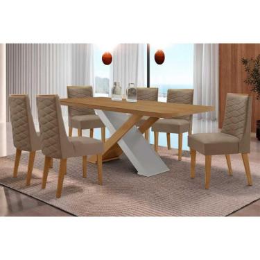 Imagem de Sala de Jantar Completa Imperatriz c/ Tampo Madeirado Canto Curvo 180x90cm e 6 Cadeiras Dafne Naturale/Off White - Suede Capuccino - Rufato