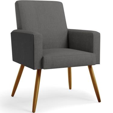 Imagem de Poltrona Pés Palito Linho Cinza Escuro Couríssimo Preto