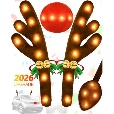 Imagem de Kit de decoração de carro com chifres de rena de Natal, à prova d'água, luzes de LED, veículo de nariz com sinos, Rudolph, acessórios de férias automotivas para decoração de caminhões SUV Van branco
