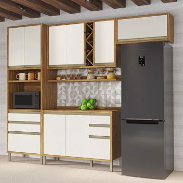 Imagem de Armário de Cozinha com Balcão e Tampo 9 Portas 5 Gavetas Pérola 100% Mdf Amêndoa/Off White - Pnr Móveis
