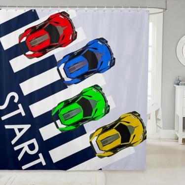 Imagem de jejeloiu Cortina de chuveiro de carro de corrida de desenho animado para meninos, cortina de banho colorida para crianças, brinquedos, acessórios à prova d'água, com 12 ganchos, desenho animado