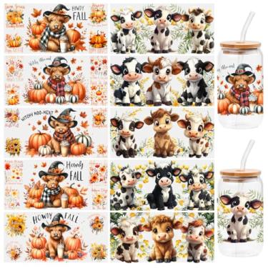 Imagem de 10 folhas de adesivos de transferência DTF UV para colheita de outono, para copo de vidro Libbey, decalques à prova d'água, etiqueta adesiva de plástico para decoração de garrafas e copos