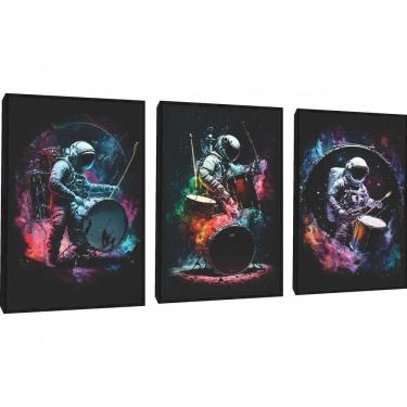 Imagem de Quadro Decorativo Astronauta Tocando Bateria Rock Com Moldura Preto