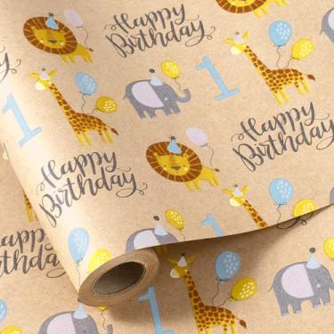 Imagem de RUSPEPA Rolo de papel de embrulho de 1º aniversário, mini rolo, papel de embrulho de animal da selva, leão fofo, elefantes, girafa, papel kraft para crianças de 1 ano, chá de bebê, aniversário e mais