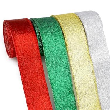 Imagem de Fita de glitter 4 peças de fita de Natal com fio para árvore de Natal, 1 1/2 polegada 10 jardas por rolo, fio dourado, prata, vermelho e verde para embrulho de presente, festa de aniversário