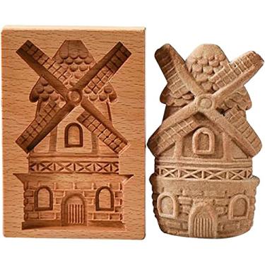 Imagem de Moldes de biscoito de flores Windwill de madeira, cortador de biscoito tipo prensa com forma de vento 3D, moldes de impressão esculpidos à mão, carimbo, biscoitos de chocolate, bolo, ferramenta de