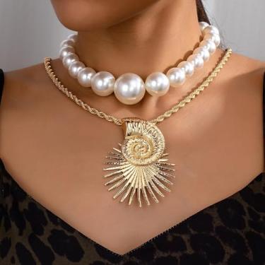 Imagem de Colar de pérolas de ouro grosso para mulheres, acessório de corrente alongada, design metálico com detalhes