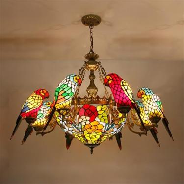 Imagem de Lustre contemporâneo de papagaio em estilo americano de luxo para sala de estar, restaurante, quarto, villa, hotel, café, bar, karaokê ou clube. Luminária pendente de vidro colorido com LED