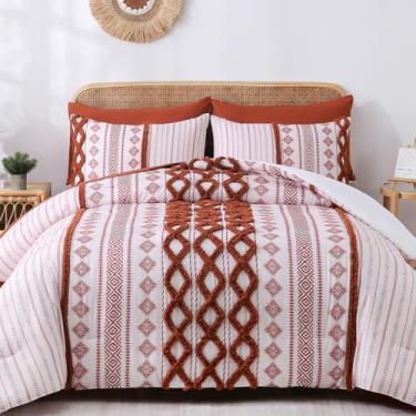 Imagem de Herside Conjunto de edredom boêmio tufado em uma bolsa, chique, asteca, tijolo ocidental, vermelho, adornado, adornado, tamanho Queen, conjunto de edredom e lençol, casa de fazenda de luxo com 7 peças