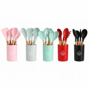 Imagem de Conjunto de Porta Utensílios de Cozinha em Silicone 12 Peças Cabo de Madeira com Suporte Resistente ao Calor Ideal para Panelas Antiaderentes Cozinha Moderna Gourmet Premium (Cores Sortidas)