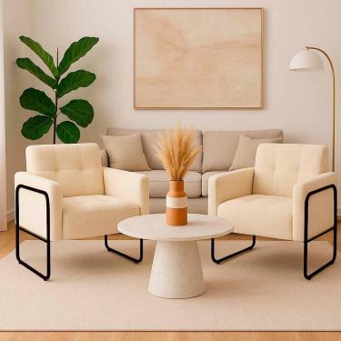 Imagem de Poltrona Sala Industrial Alta Tubo Preto Kit 2 Elisa Bouclê Bege D03 - D`rossi