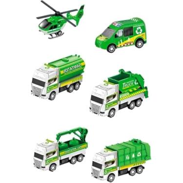 Imagem de Conjunto 6 Mini Veículos Infantil – Carrinhos de Brinquedo 9cm, Helicóptero, Militar, Bombeiros e Caminhão de Lixo – Miniaturas Resistente para Crianças 3+ (Verde)