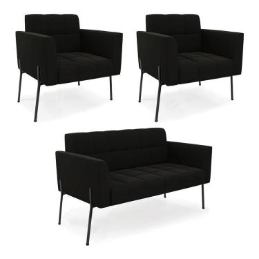 Imagem de Sofá Namoradeira E 2 Poltronas Pé De Ferro Preto Elisa Suede D03 - D`rossi Cor Preto