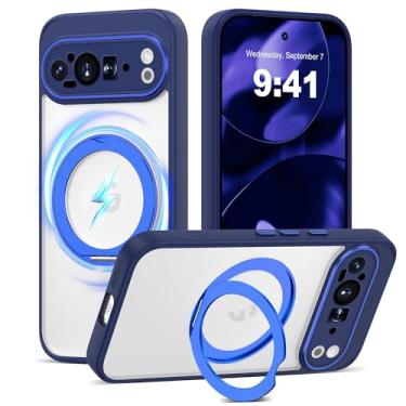 Imagem de AmoraAqua Capa compatível com Google Pixel 9 Pro com suporte magnético de 360° [compatível com Mag-Safe] Capa de celular translúcida à prova de choque para Google Pixel 9 Pro de 6,3 polegadas, azul