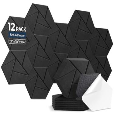Imagem de AUSLET Pacote com 12 painéis acústicos hexagonais, painéis de parede à prova de som de alta densidade de 30,5 x 25,4 x 1 cm, painéis de parede acústicos autoadesivos para estúdio, casa, escritório