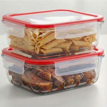 Imagem de Potes de Vidro Herméticos com Vedação de Silicone, Retangular, 1500ml, Resistente a Forno, Micro-ondas e Freezer, 2 Peças (Vermelho)