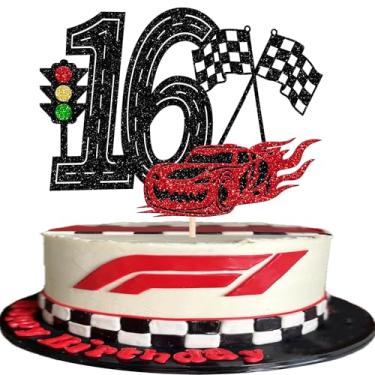 Imagem de 1 pacote de topo de bolo de carro de corrida 16º aniversário glitter semáforo carro de corrida bandeira xadrez palheta de bolo para tema de corrida chá de bebê meninos meninas 16 anos decoração de