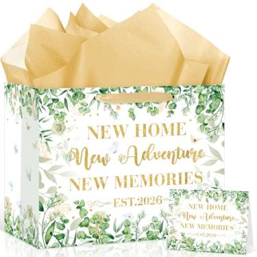 Imagem de Bolsa de presente de inauguração de casa com papel de seda grande verde sálvia nova bolsa de embrulho para amigos 2026 nova casa aventura aquecimento presentes sacos de embrulho para casa doce