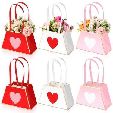 Imagem de Tinlade 6 caixas de flores de coração para arranjos com alça, papel kraft, buquê de flores, bolsa de presente, impermeável, porta-buquê floral, para dia dos namorados, festa de casamento, florista