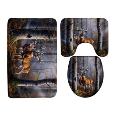 Imagem de ZNLSU Conjunto de 3 peças de tapete de banho de cervo floresta cabana rústica animal selvagem veado alce bétula floresta chalé caça vintage casa de fazenda conjunto de tapete de banheiro, 40,6 cm x 61