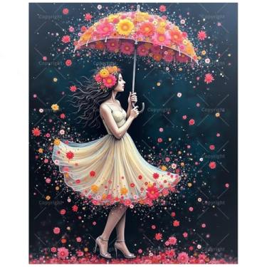 Imagem de Kit de pintura por números Flower Girl para adultos – DIY Flower Girl com pintura de guarda-chuva em tela 41 x 50 cm, conjunto de tinta acrílica, adequado para iniciantes, arte para decoração de casa
