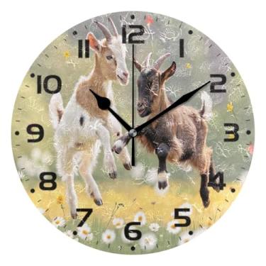 Imagem de JUZIHAI Relógio de parede com estampa de cabras divertidas, silencioso, sem tique-taque, redondo, operado por bateria, fácil de ler, relógio decorativo de parede para casa, cozinha, sala de estar