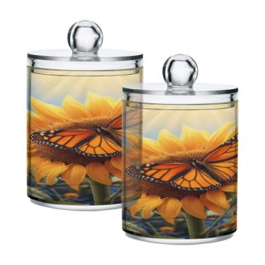 Imagem de Qilmy Pacote com 2 suportes de pontas de girassóis borboleta, frascos de boticário de 400 ml, vasilha organizadora de banheiro para Qtips, cotonetes, bolas de algodão, almofadas cosméticas