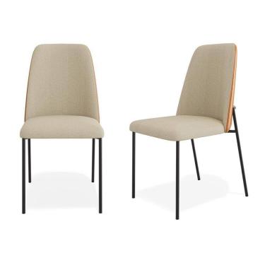 Imagem de Kit 02 Cadeiras Sala De Jantar Lior Estofada Base Preta Linho Bege Couríssimo Whisky - Desk Design