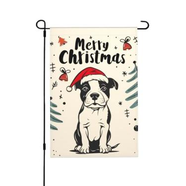 Imagem de Bandeira de jardim de Natal Pitbull Dog dupla face vertical sazonal inverno exterior quintal decorações de gramado 12,5 x 18 polegadas