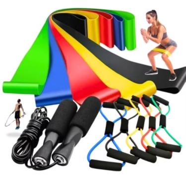 Imagem de Kit Fitness Premium, Conjunto de Faixas Elásticas 5 Níveis de Resistência (10-45 LBS), Extensor Cross Tube, Corda de Pular para Exercícios em Casa, Treino Completo