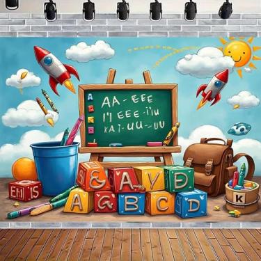 Imagem de Quadro negro para fotografia de volta às aulas, blocos ABC, livros e giz de cera, nuvens de sol, pano de fundo para sala de aula, decoração de interiores de quarto infantil, faixa de ensino on-line