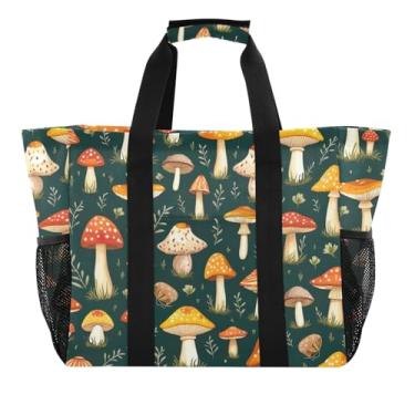 Imagem de ODAWA Bolsas de compras grandes à prova d'água à prova de areia para mulheres, bolsa de praia dobrável verde floresta cogumelos à prova d'água, Cogumelos verde-floresta, One Size