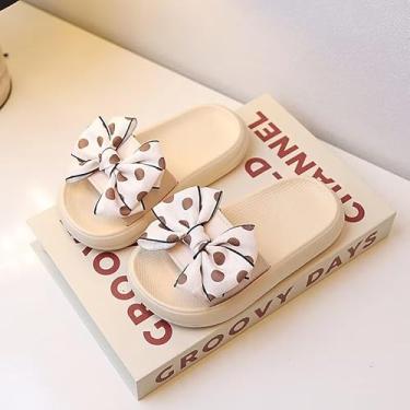 Imagem de Chinelos infantis com laço – sapatos fofos com sola antiderrapante para meninas, chinelos de uso interno, Bege, 11-12 Little Kid