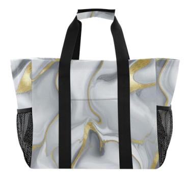 Imagem de ODAWA Bolsa feminina de praia com textura de mármore cinza, à prova de areia para piscina com alças abertas, Textura de mármore cinza dourado, One Size