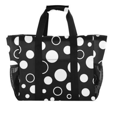 Imagem de ODAWA Bolsa de praia aberta preta e branca com bolinhas para academia e natação, bolsa de verão portátil leve