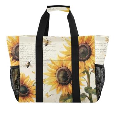 Imagem de ODAWA Bolsa de praia de lona de grande capacidade, organizador de viagem, sacola leve para piscina, girassóis retrô, abelhas, Girassóis retrô e abelhas, One Size
