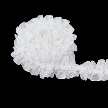 Imagem de letsinstyle Fita de renda de organza com pérolas brancas de 5 metros, acabamento de borda de renda plissada de 4 cm, acabamento de borda de tecido de tule para costura, artesanato, roupas de boneca